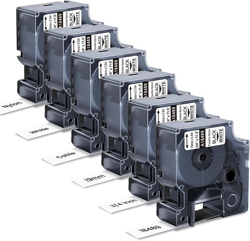 Pillex 6-Pack 18489 Replace for DYMO Rhino Industrial Flexible Nylon 3/4 Inch Label Tape, Work with DYMO Rhino Pro 4200 5200 5000 6000 3000 1000 Label Maker, 3/4 Inch x 11.5 Feet, 19mm, Black on White - Image 1